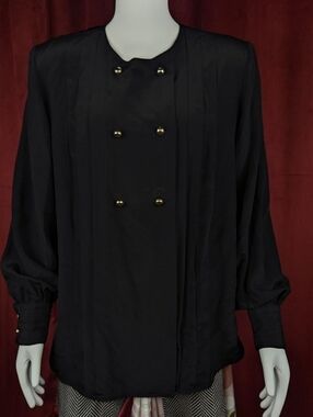 Vintage 80's Flora Kung New York Black 100% Silk Double Breasted Gold Button Top